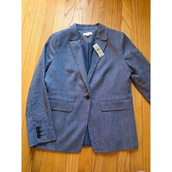 Loft Womens Herringbone Blazer 8P Blue Cotton Blend Single-Button Suit Jacket NW - Picture 4 of 8